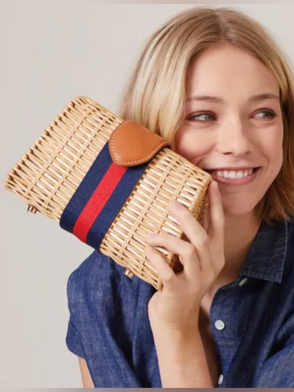 J. McLaughlin Wicker Olivia Clutch Natural Stripe - Picture 1 of 17